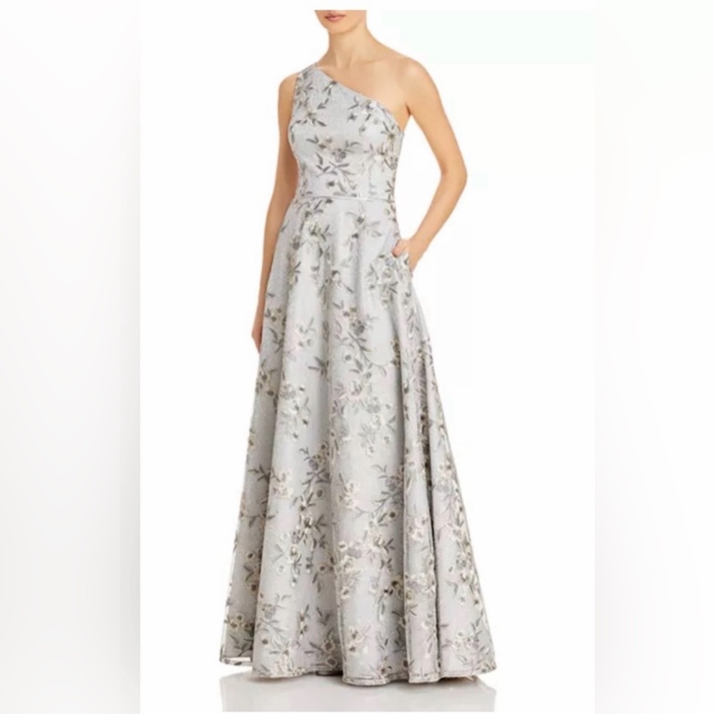 Aidan Mattox Elegant Floral One-Shoulder Dress blue shimmer size 6